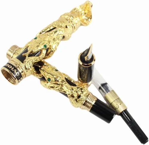 Vista 5 de Gullor Pluma Estilográfica Negro y Plata Antigua Serpiente Patrón 3D (dorado y negro)