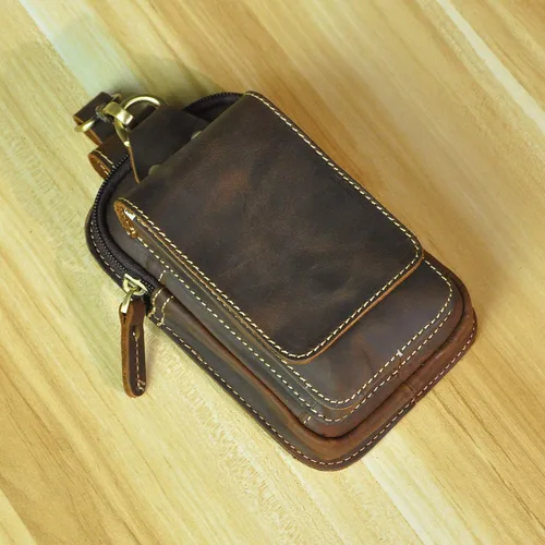 Vista 3 de Le'aokuu Bolso unisex de cuero genuino para hombres y mujeres, con cintura de riñonera y gancho para colgar en la cadera, paquete de 1609, Un marrón