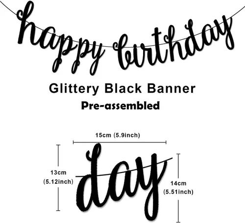 Vista 4 de Kit de decoración de pancarta negra de feliz cumpleaños, guirnalda de puntos circulares con espirales colgantes negros y plateados para cumpleaños