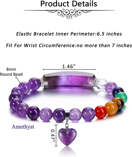 Vista 6 de Jovivi Pulseras de 7 chakras para mujeres y hombres, piedras preciosas naturales de chakras de 0.315 pulgadas, cuentas redondas de amatista, pulsera