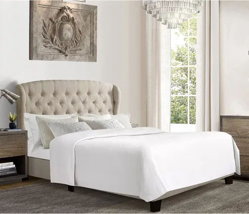Vista 14 de Rosevera Issac - Cama con cabecera ajustable de diseño distintivo y marco de cama acolchado con botones, tamaño King, beige clásico