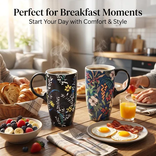 Vista 6 de DUSVALLY Juego de 2 tazas de viaje de cerámica con tapas, juego de tazas florales grandes de 17 onzas con asas, aptas para microondas