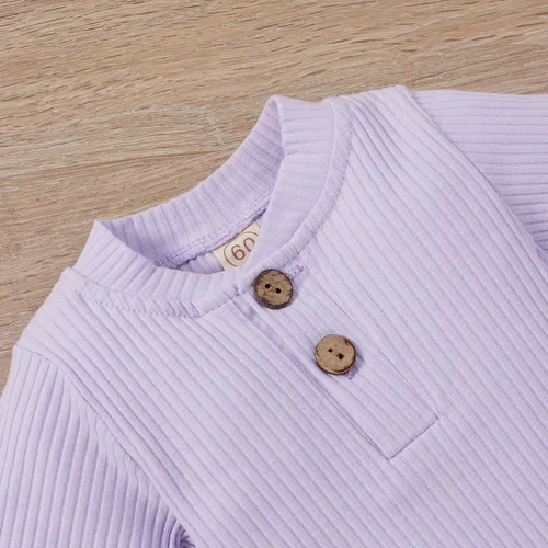 Vista 3 de Ropa de otoño e invierno para recién nacidos, trajes acanalados de algodón de manga larga con botones, 2 piezas