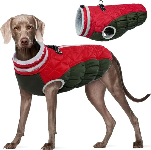 Vista 62 de Abrigo para perro, chaqueta cálida de invierno, acolchada, de vellón, chaleco reflectante con arnés, chaqueta de nieve impermeable con cremallera, a