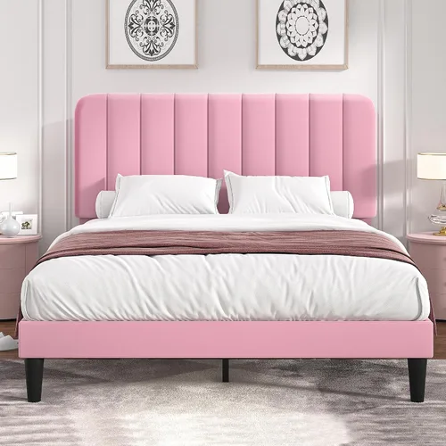 Vista 11 de VECELO Base de cama tapizada de tamaño matrimonial con 4 cajones y cabecero, plataforma de terciopelo, soporte de listones de madera, no necesita