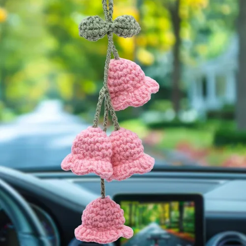 Vista 2 de Accesorios para colgar espejos de automóvil, colgante de flor de lirio tejido hecho a mano, bonita decoración colgante de ganchillo para espejo