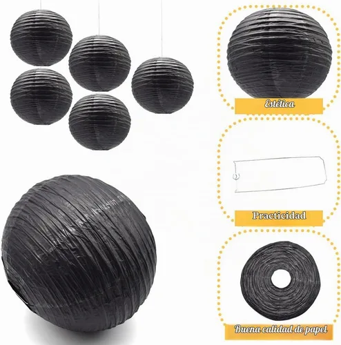 Vista 3 de 6 linternas de papel decorativas redondas colgantes Negro