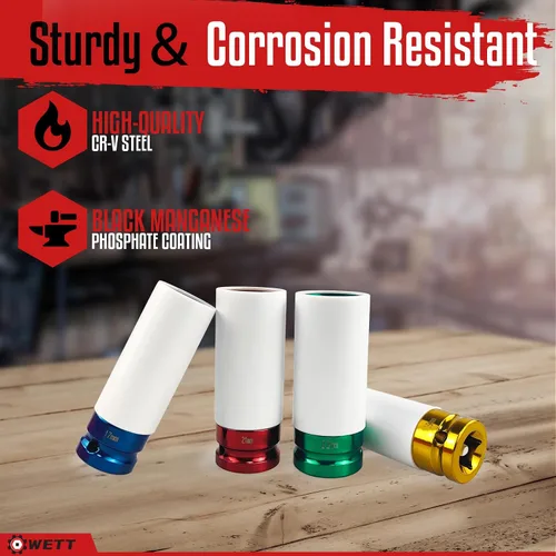 Vista 6 de WETT Juego de 4 piezas de 1/2 pulgada de tuerca de rueda con enchufe, protector de rueda de pared delgada con enchufe de impacto profundo, acero