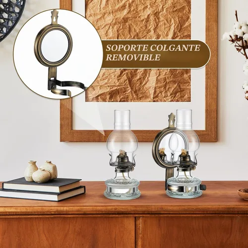 Vista 4 de Yexiya 2 piezas de lámpara de queroseno grande, cámara de linterna de aceite, lámpara de pared vintage de vidrio transparente, rústica con mecha