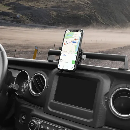 Vista 3 de Linskip Soporte resistente para barra de salpicadero, soporte de teléfono celular para Jeep Wrangler JL JLU 2018-2023 y Jeep Gladiator JT 2020-2023