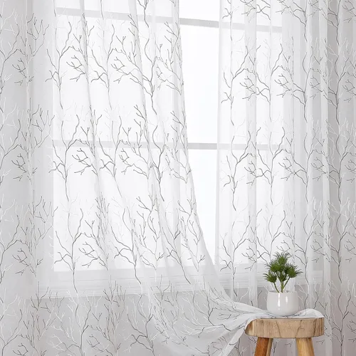 Vista 56 de VISIONTEX 2 paneles de cortinas traslúcidas de 63 in de largo, cortinas de gasa semitransparentes bordadas con hojas florales beige, bolsillo