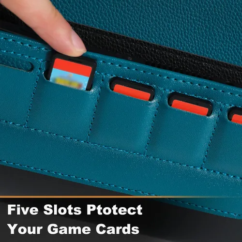 Vista 2 de FUNLAB Funda para interruptor compatible con Nintendo Switch y Switch OLED bonito embrague de viaje de cuero con soporte para juegos color azul