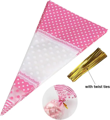 Vista 2 de FTVOGUE 50 bolsas transparentes en forma de cono para palomitas de maíz, bolsas de celofán con lazos