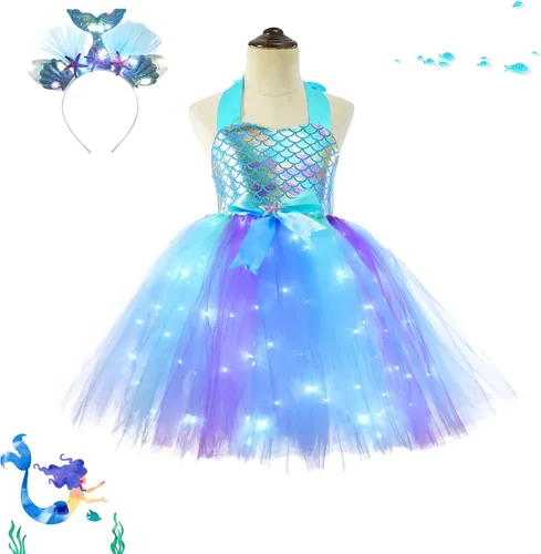 Vista 2 de Girls Mermaid Tutu Dress for Birthday Party, LED Light Up Halloween Mermaid Outfit Dress Up Dress with Headband