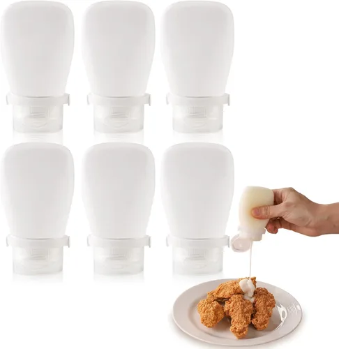 Vista 8 de Paquete de 6 botellas de silicona para condimentos, pequeñas botellas de aderezo de ensalada para llevar, recipientes de aderezo de ensalada