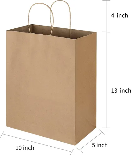 Vista 2 de Oikss - Paquete de 50 bolsas de papel kraft marrón natural con asas, tamaño grande, 10x5x13, para regalos de cumpleaños, compras al por menor