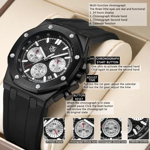 Vista 7 de Men's Watch Silicone Band, Quartz Analog Waterproof Multifunction Chronograph Sports Watch for Men with Calendar Black Rubber Strap