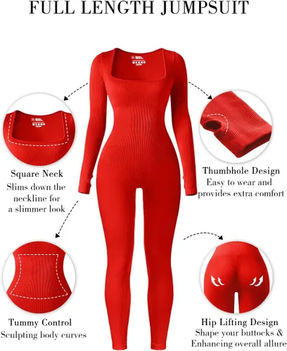 Vista 3 de Overol de yoga de manga larga para mujer, con control de abdomen, acanalado, cuello cuadrado, bodycon