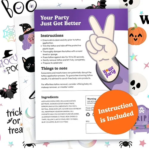 Vista 7 de HOUSE OF PARTY Tatuajes temporales de Halloween para niños, 84 calcomanías de Hocus Pocus, tatuajes de murciélago, calcomanías de calavera, tatuajes