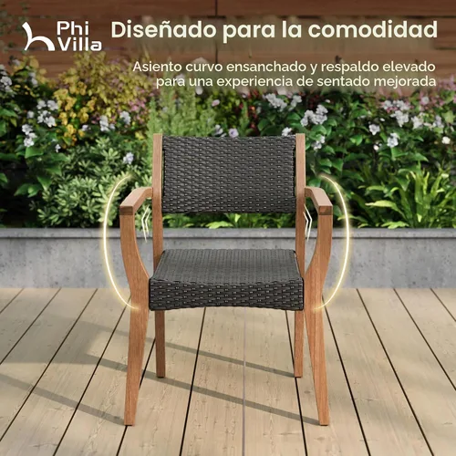 Vista 4 de PHI VILLA Sillas de comedor de madera de acacia para patio con asiento y Madera oscura y mimbre