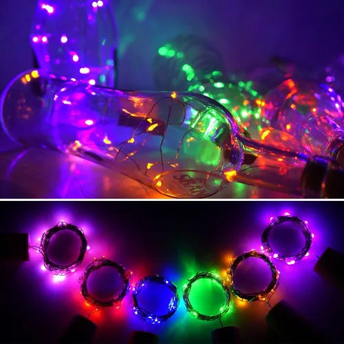 Vista 2 de Luces para botella de vino con corcho, paquete de 6 unidades, funciona con pilas, 15 luces LED en forma de corcho, alambre plateado, miniluces