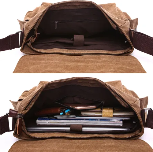 Vista 5 de Bolsa de mensajero de lona militar, bolsa de hombro para laptap para hombres, bolsa de trabajo cruzada, bolsa de negocios casual