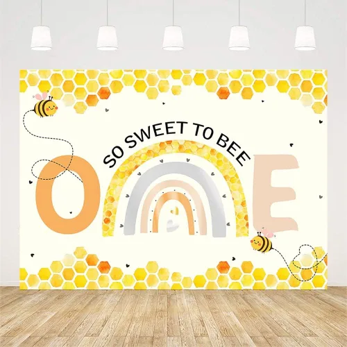 Vista 2 de AIBIIN Telón de fondo de 7 x 5 pies para niña, decoración de fiesta de primer cumpleaños de abeja, fondo de fotografía, fondo bohemio, arco iris