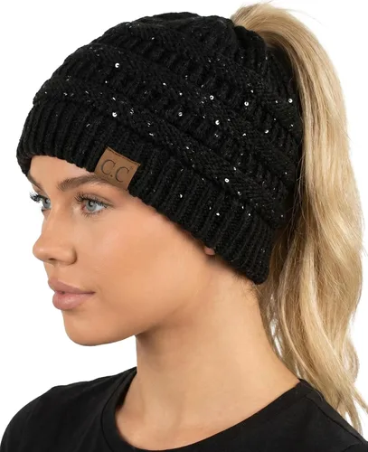 Vista 14 de Funky Junque Gorro de Cola de Caballo para Mujeres - Gorro de Invierno Ponyback Suave Elástico de Punto Trenzado Cola Alta Gorros para Correr