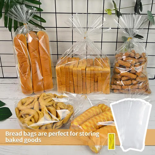 Vista 7 de Bolsas de pan con lazos, 100 bolsas de pan transparentes para pan casero y 100 lazos, bolsas de pan ajustables reutilizables de plástico, bolsas