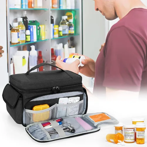 Vista 8 de CURMIO Bolsa de almacenamiento de medicamentos vacía, organizador de botellas de píldoras con cerradura con bolsas portátiles con cremallera