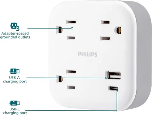 Vista 2 de Philips EZFit Extensor de Tomacorriente con Protección contra Sobretensiones de 3 Salidas con USB, 1 USB-A, 1 USB-C, Espaciado para Adaptadores