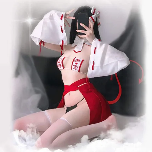 Vista 4 de TOMORI Conjunto de lencería sexy de bruja japonesa para mujer, de anime, con tirantes