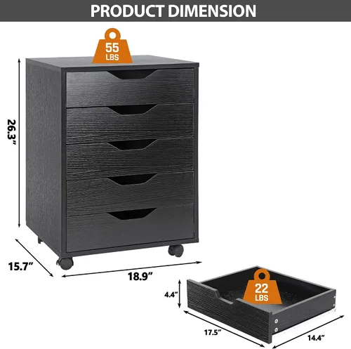 Vista 3 de ZENY Cómoda de 5 cajones, archivador móvil con ruedas, gabinete de almacenamiento para oficina en casa debajo del escritorio, cajones de Negro