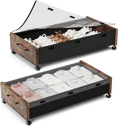 Vista 12 de Almacenamiento debajo de la cama con ruedas, 2 paquetes de contenedores de almacenamiento de madera extra grandes debajo de la cama, organizador