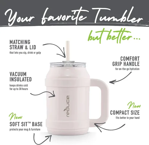 Vista 3 de REDUCE Vaso de agua reutilizable Cold1 de 32 onzas – Mango ergonómico – Aislamiento de doble pared – Taza resistente de escritorio/mesa con tapa