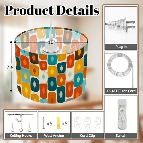 Vista 4 de Boho Plug in Pendant Light Mid Century Modern Art Abstract Geometric Seamless 16.4ft Plug in Cord Dimmable Hanging Lamp Fabric Lamp Shade Pendant