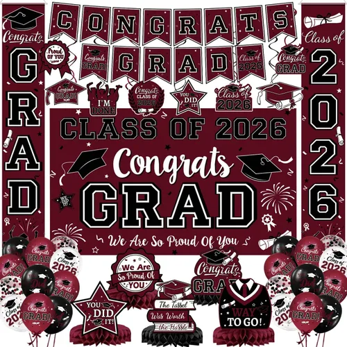 Vista 20 de Decoraciones de graduación 2026, juego de decoraciones de graduación rojo y negro con pancarta y telón de fondo de felicitaciones, letrero
