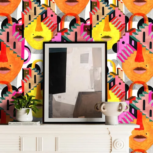 Vista 5 de Papel tapiz abstracto para escaleras, 17.71 x 118.1 pulgadas, color naranja y amarillo, papel de contacto brillante para pegar en papel de pared