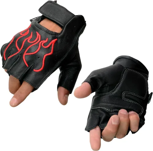 Vista 18 de Guantes Milwaukee Leather para hombre sin dedos para motocicleta Comodidad acolchada; alivio de vibración; bordado de llama