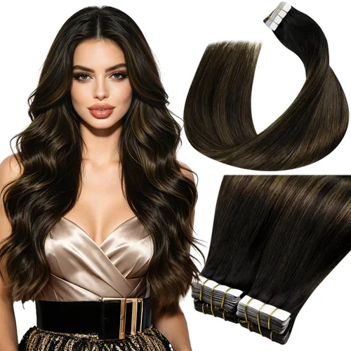 Vista 23 de LaaVoo Extensiones adhesivas de cabello humano real, color negro azabache, extensiones de cabello humano liso y sedoso, 10 pulgadas, 20