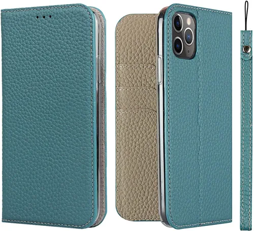 Vista 15 de iCoverCase Compatible con iPhone 11 Pro Max, funda magnética de piel auténtica con bloqueo RFID, correa para la muñeca y ranuras para tarjetas, Verde