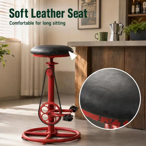 Vista 6 de Bicycle-Style 29"-37" Adjustable Swivel Bar Stools Set of 2, Distressed Red Black Seat / Distressed Red Frame