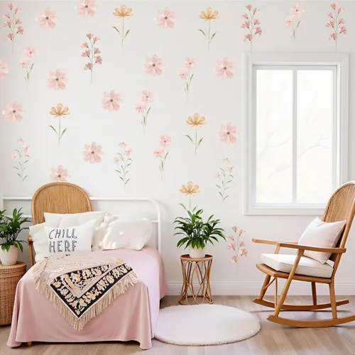 Vista 3 de 48 PCS Calcomanías de Flores Bohemias Calcomanías de Pared de Margaritas para Habitaciones de Niñas, Salas de Juegos y Guarderías Impresión de Doble