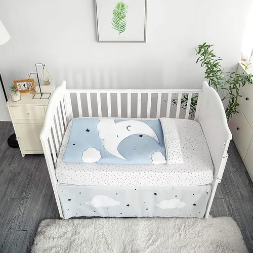 Vista 2 de Sleeping Moon - Juego de ropa de cama para cuna de bebé, 3 piezas, tamaño estándar, color azul y gris
