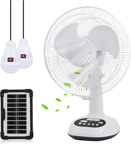 Vista 6 de Ventilador recargable VENTO con panel solar, puerto USB, luz LED nocturna y 2 bombillas gratis. Refrigeración ecológica