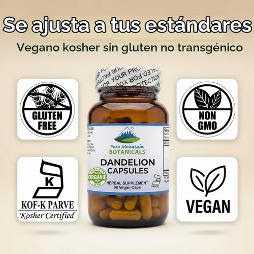 Vista 3 de Pure Mountain Botanicals Cápsulas de raíz de diente de león, suplemento orgánico de 450 mg, 90 pastillas de diente de león veganas kosher sin OMG