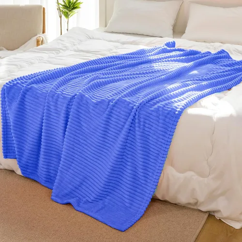 Vista 5 de Vessia Manta de Franela de Forro Polar para Sillón, Sofá, Cama, Manta Azul a Rayas de 300GSM para Adultos y Niños, Súper Suave, Cálida, Acogedora