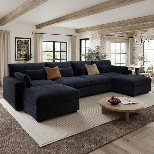 Vista 21 de Sofá modular de 146.5 pulgadas, sofás extra profundos en forma de U para sala de estar, sofá de felpilla de 4 asientos con patas de madera, otomana