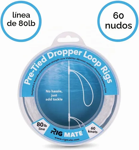 Vista 3 de Plataformas de bucle cuentagotas preatadas de 80 libras. Carrete de línea de pesca. Bucles de 18 pulgadas de distancia con tamaño de bucle de 5.5