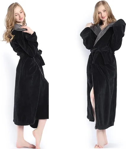 Vista 4 de KEMUSI Bata de baño tipo kimono largo con capucha para mujer, diseño de espiga, cómodo camisón cálido de longitud completa